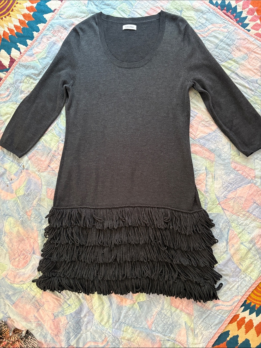 Black Fringe Knit Dress mid sleeve-xl perfect night at the beach dress